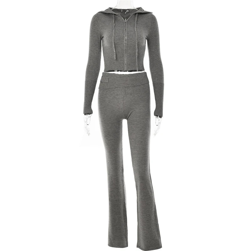 Fall Winter Stretch Knitted 2 Piece Sets Women Tracksuit Long Sleeve Zipper Hooded Ribbed Jackets Crop Top Pants Matching Suit