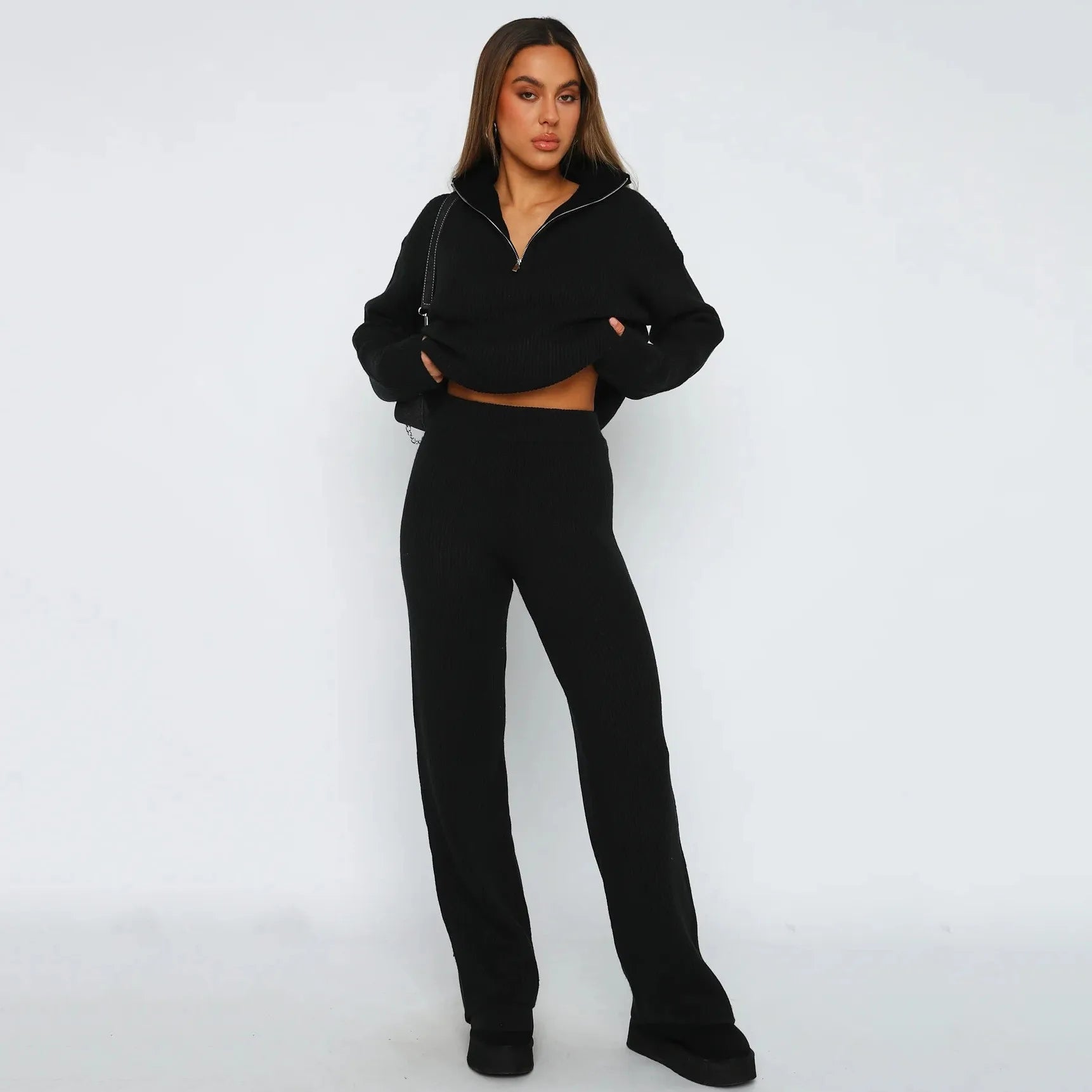 Casual Half Zipper Lapel Long Sleeve Knit Suit New Comfortable 2 Pieces Straight Pants Knit Suit Trousers Suit Women'S Clothing