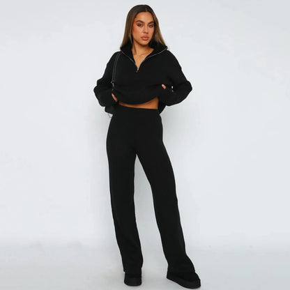 Casual Half Zipper Lapel Long Sleeve Knit Suit New Comfortable 2 Pieces Straight Pants Knit Suit Trousers Suit Women'S Clothing