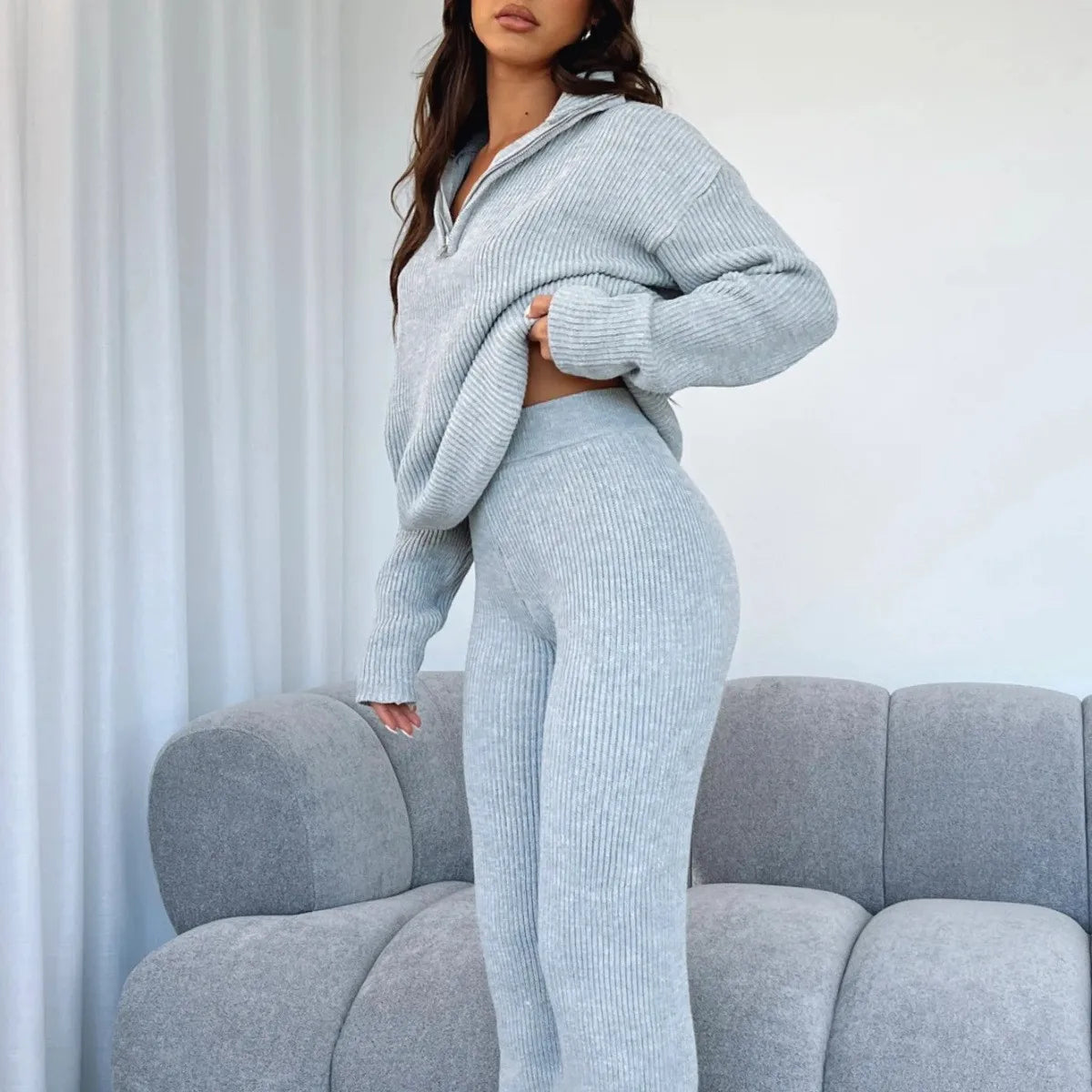 Casual Half Zipper Lapel Long Sleeve Knit Suit New Comfortable 2 Pieces Straight Pants Knit Suit Trousers Suit Women'S Clothing