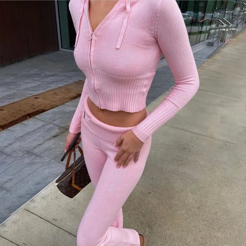 Fall Winter Stretch Knitted 2 Piece Sets Women Tracksuit Long Sleeve Zipper Hooded Ribbed Jackets Crop Top Pants Matching Suit